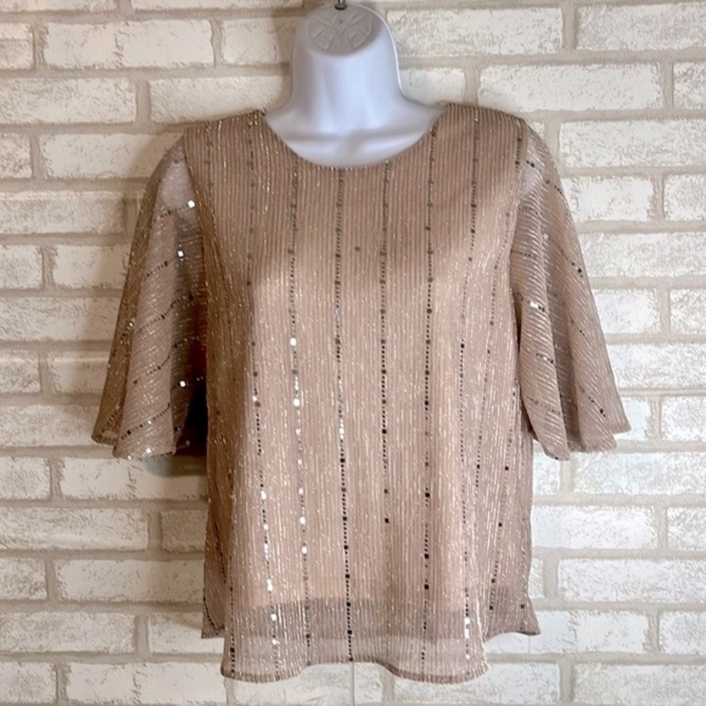 Women's Beige Sequined Glam Wedding Top Sz M